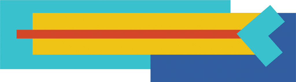 Design made of red, yellow, teal and dark blue blocks.