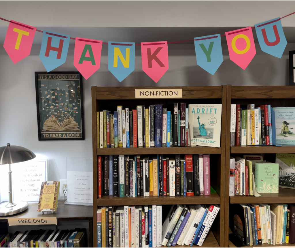 Friends of the library book store with a banner stating, Thank You.