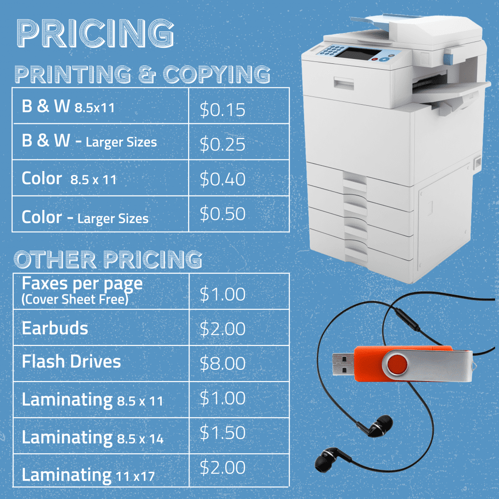Pricing for printing, copying, faxes and more.