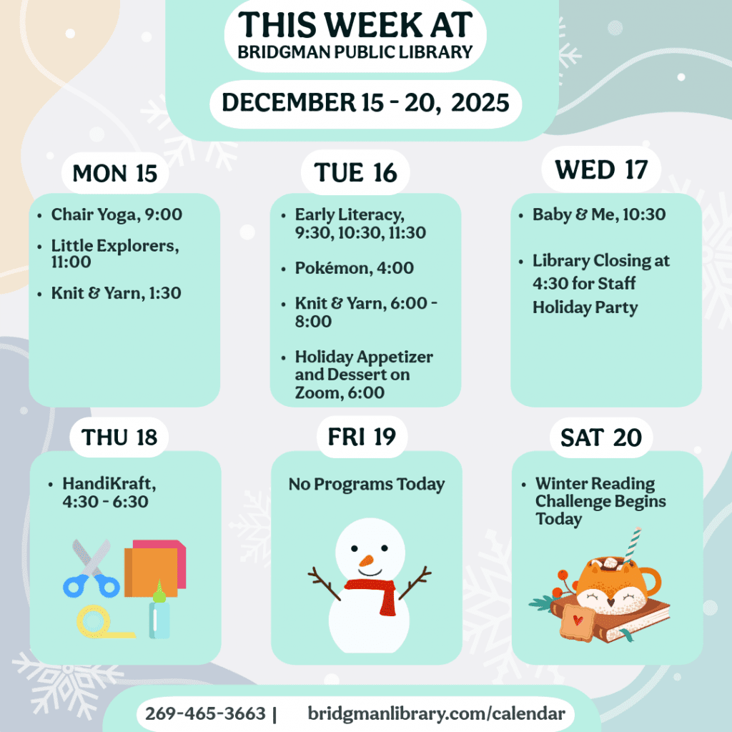 Programs for December 15-20. Click to see our program calendar for more information.