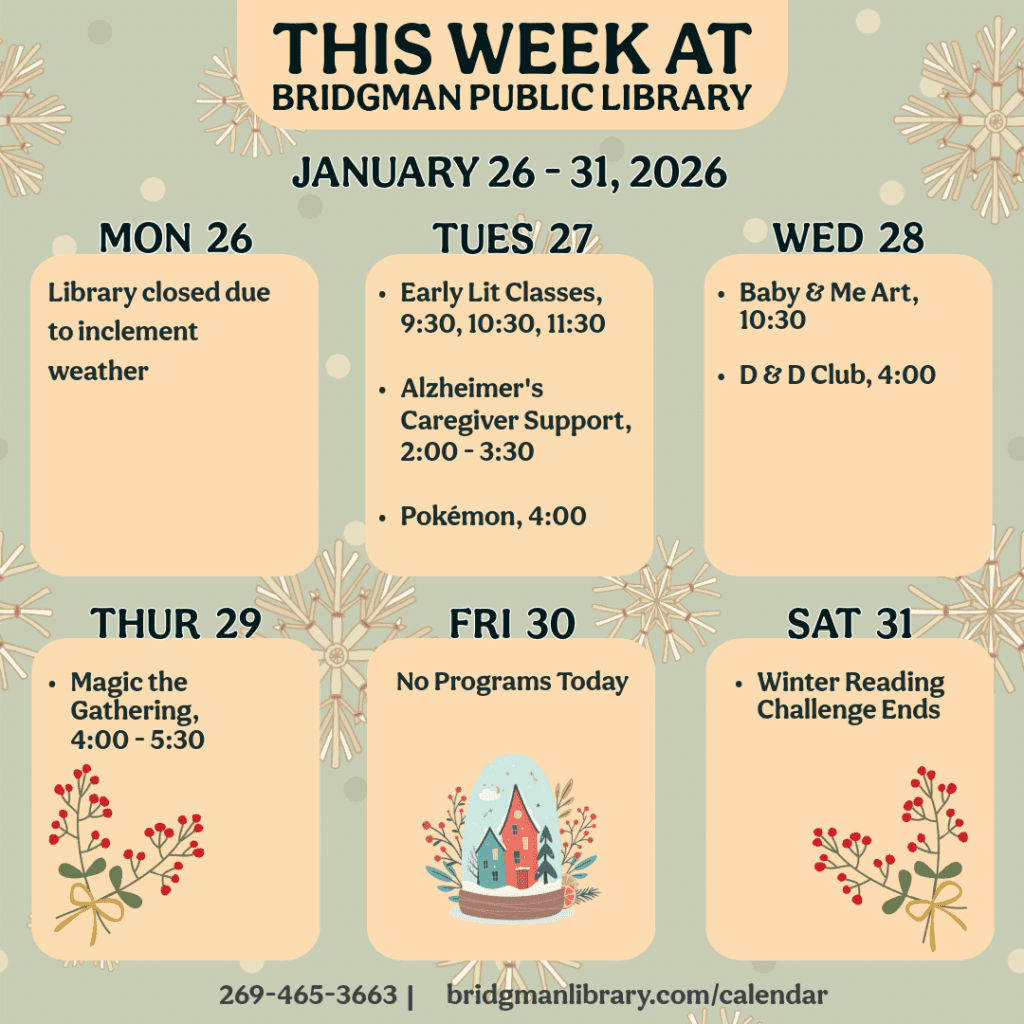 Programs for December January 26-31. Click to see our program calendar for more information.