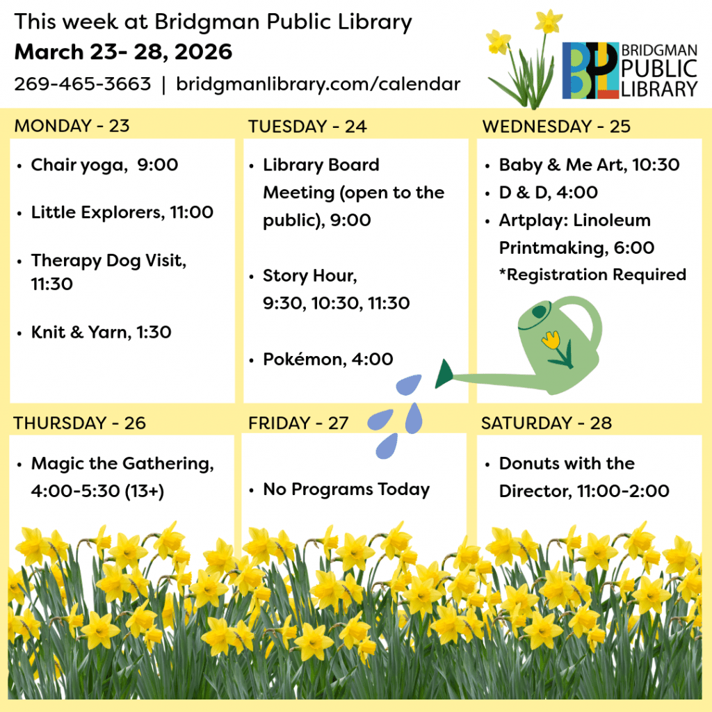 Programs for December March 23 - 28. Click to see our program calendar for more information.