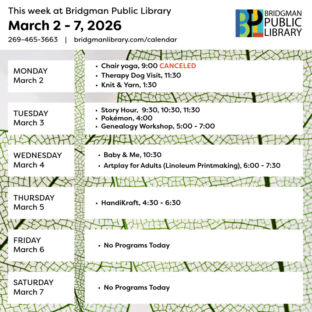 Programs for December March 2 - 7. Click to see our program calendar for more information.