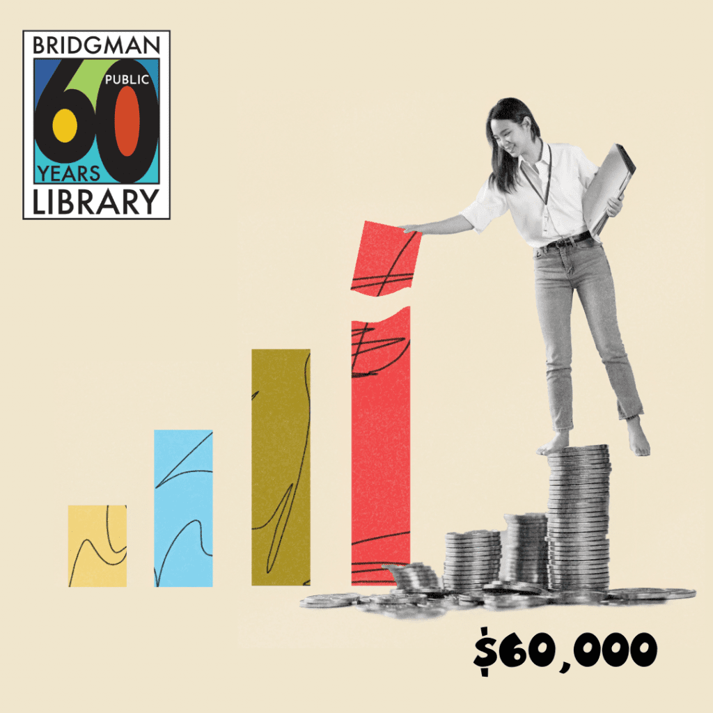 A woman stands atop a pile of money adding to a graph of donations. BPL's 60th anniversary logo is in top left corner.