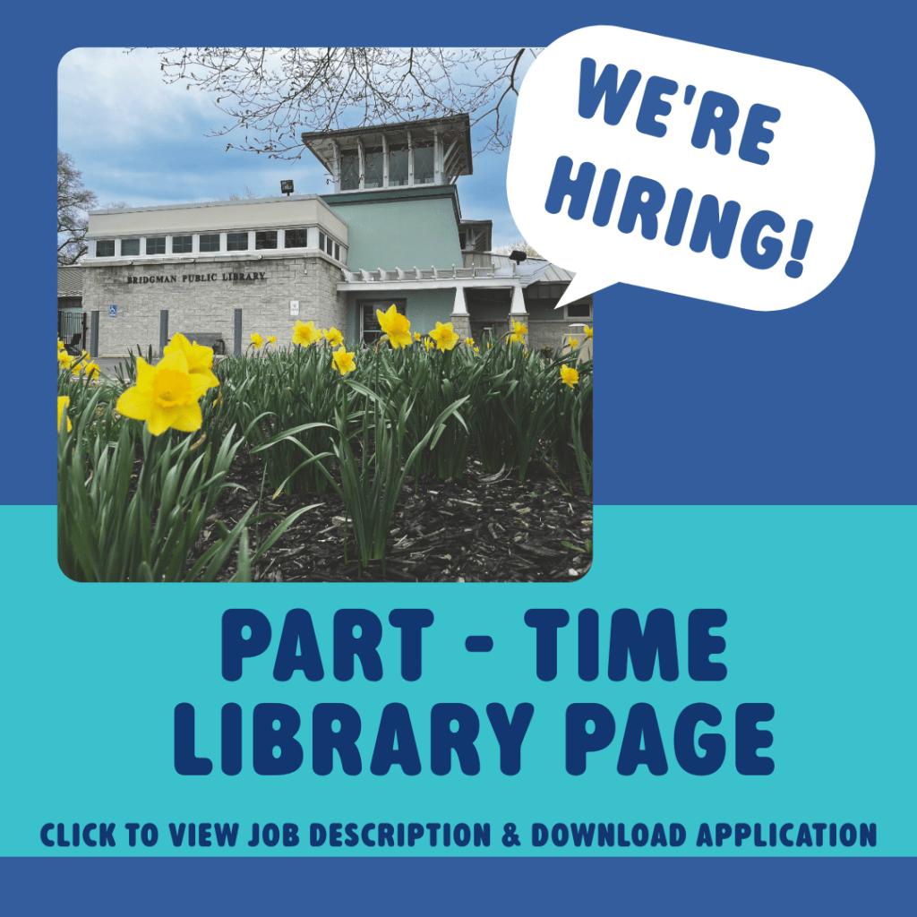 We're Hiring! Part-time library page. Click to view job description and download application.