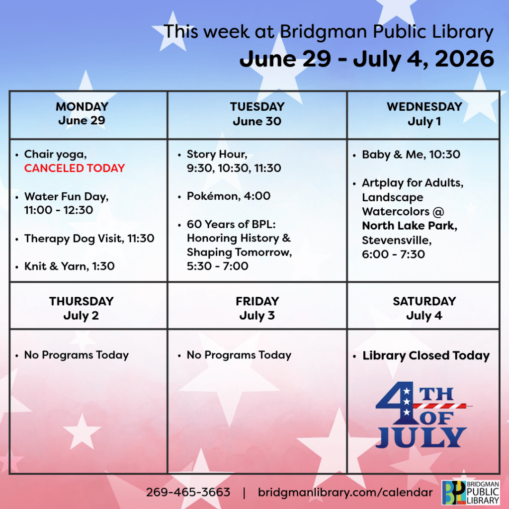 Programs for June 29- July 4. Click to see our program calendar for more information.