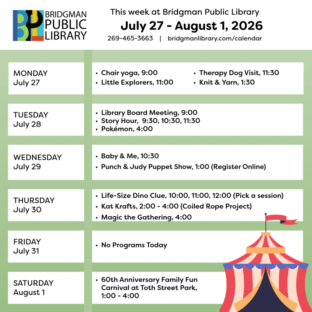 Programs for July 27- August 1. Click to see our program calendar for more information.