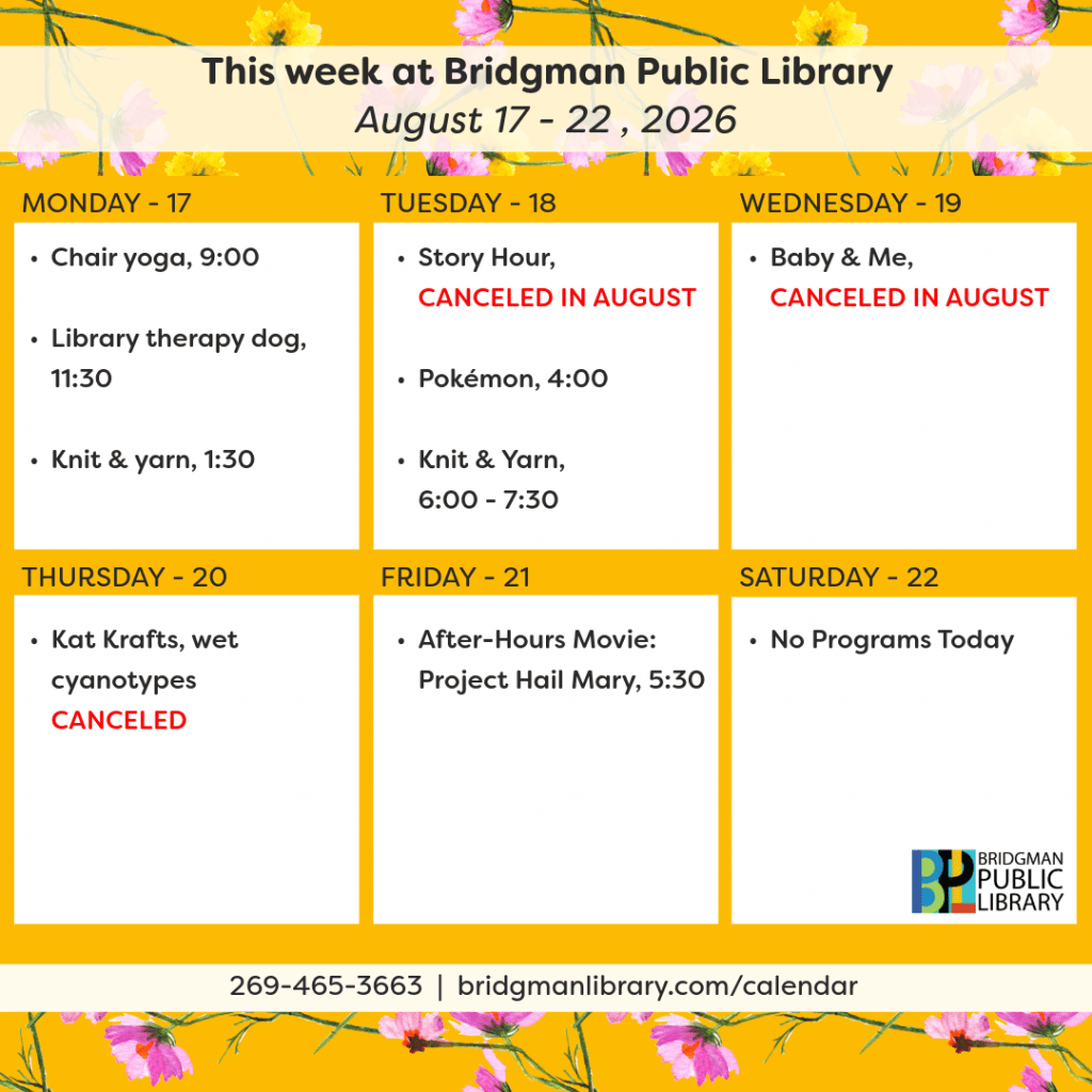 Programs for August 17-22. Click to see our program calendar for more information.