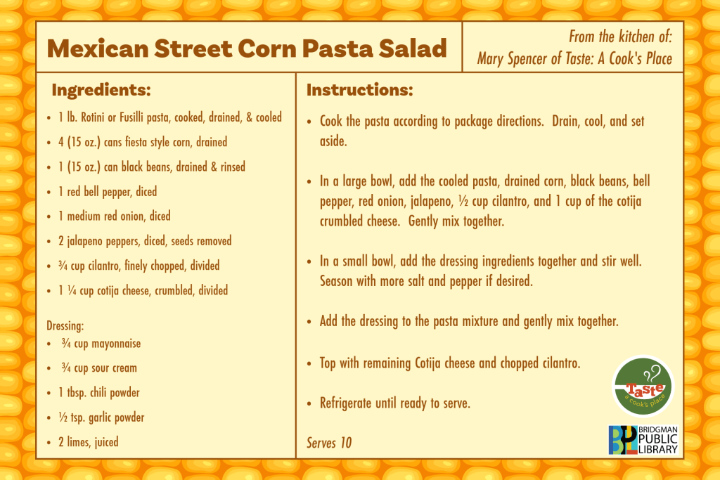 Recipe Card for Mexican Street Corn Pasta Salad. There is a downloadable copy at the top of the page.