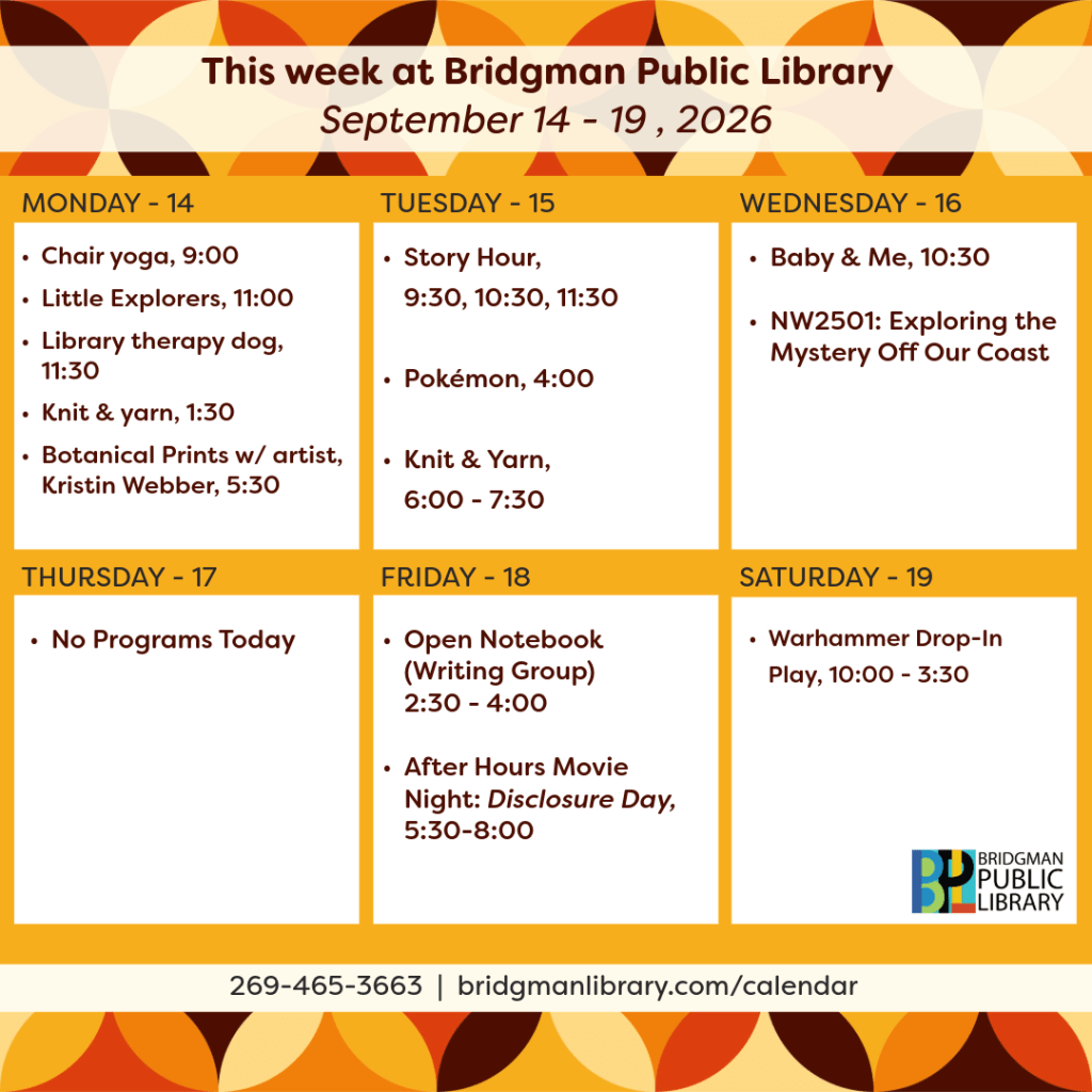 Program calendar for the week of September 14-19. Please click to visit our more extensive calendar.
