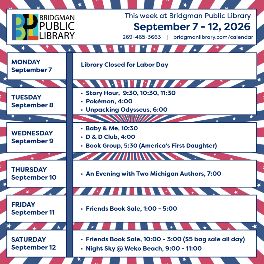 Program calendar for the week of September 7-12. Please click to visit our more extensive calendar.