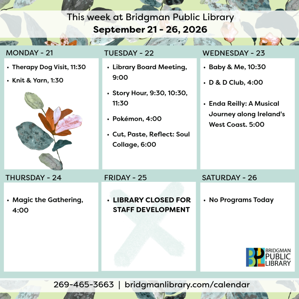 Program calendar for the week of September 21-26. Please click to visit our more extensive calendar.
