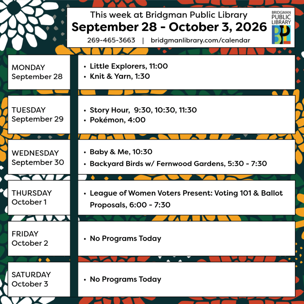 Program calendar for the week of September 28-October 3. Please click to visit our more extensive calendar.