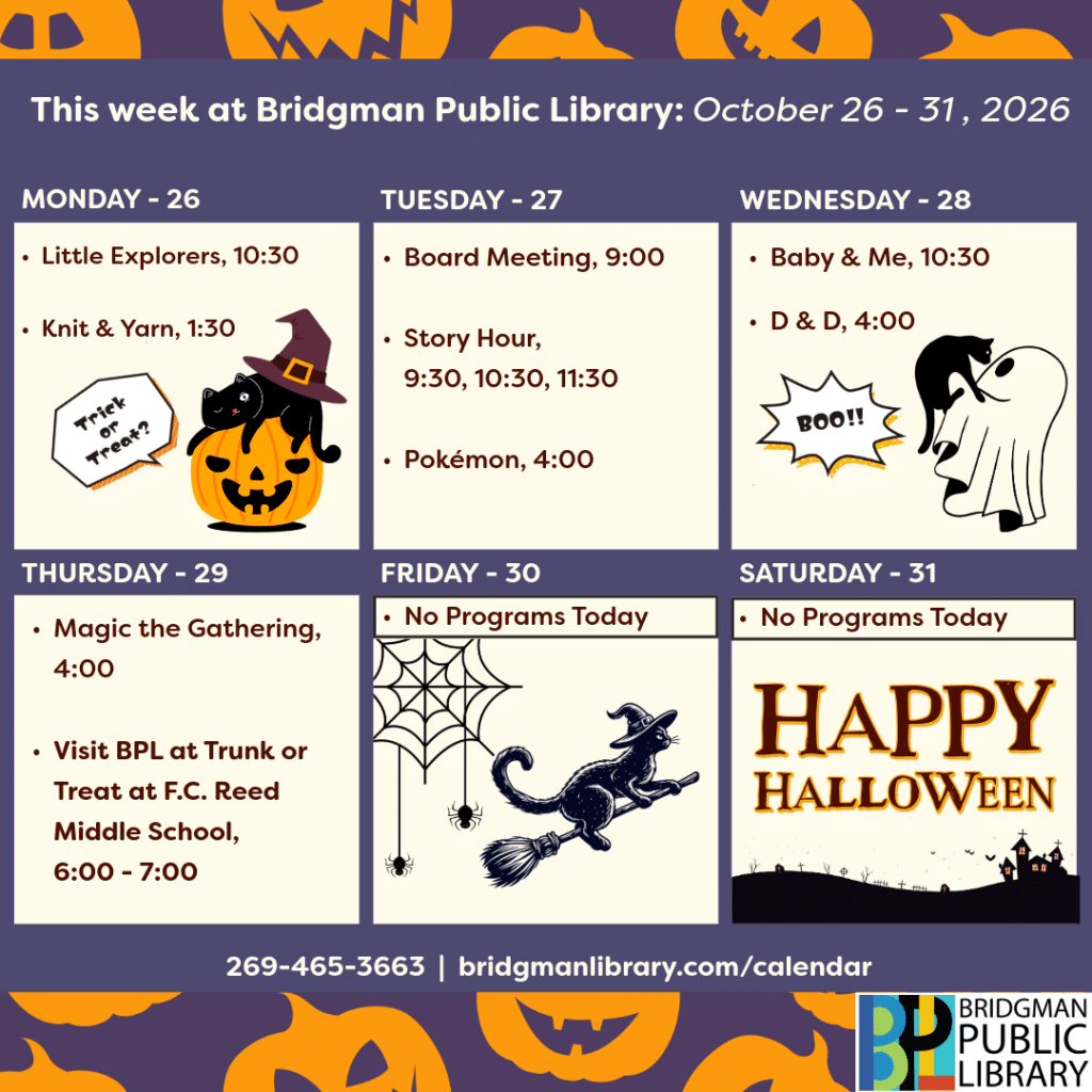 Program calendar for the week of October 26-October 31. Please click to visit our more extensive calendar.