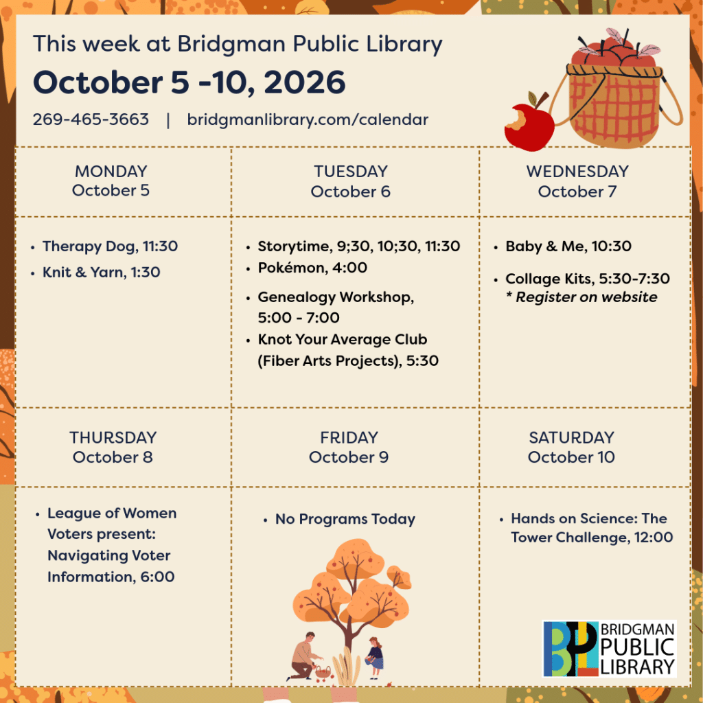 Program calendar for the week of October 5-October 10. Please click to visit our more extensive calendar.