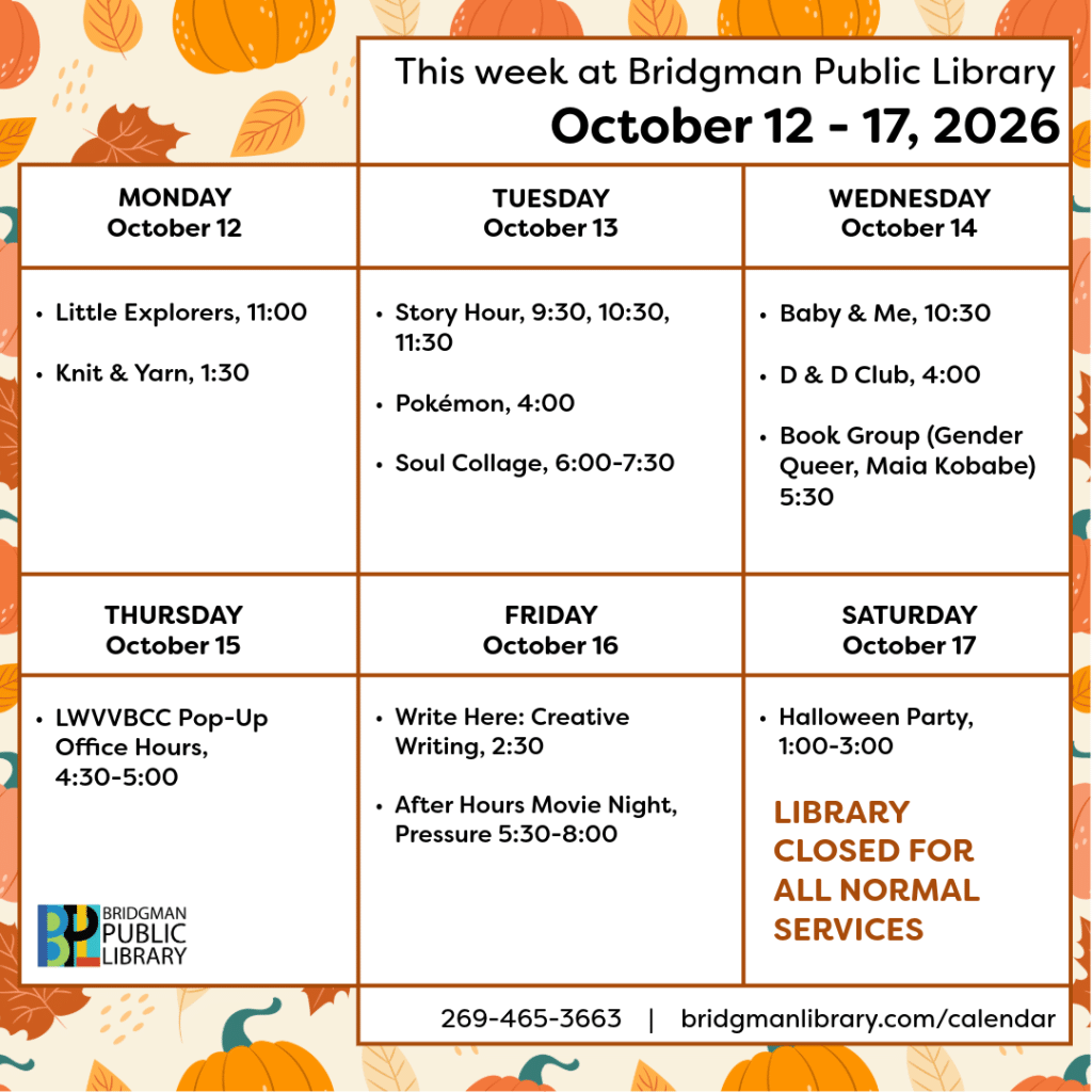 Program calendar for the week of October 12-October 17. Please click to visit our more extensive calendar.